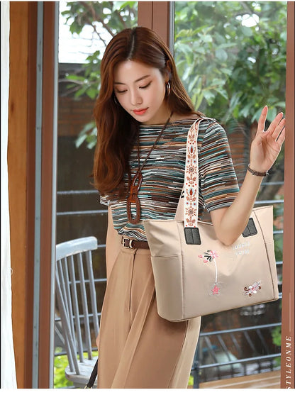 2024 New Arrivals Embroidery Women Handbag Nylon Waterproof Casual Tote Shopping Bag Large Capacity Female Shoulder Bags