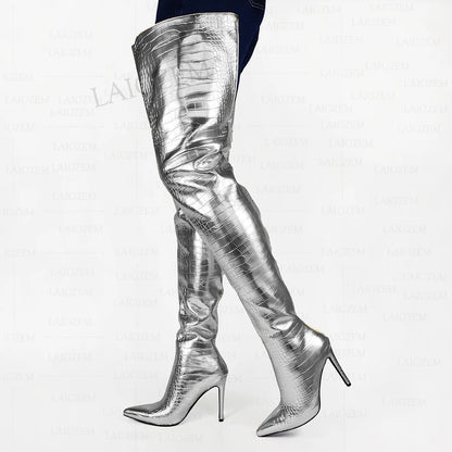 LAIGZEM Women Crotch High Boots Full Back Zip Up Stiletto High Heels Boots Corcodile Print Ladies Shoes Woman Big Size 38 42 47