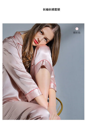 6A Factory Brand 100% Mulberry Silk Pajamas Women Set Summer Autumn Spring Winter Long-sleeved Two-piece Set Silk Sleepwear Gray