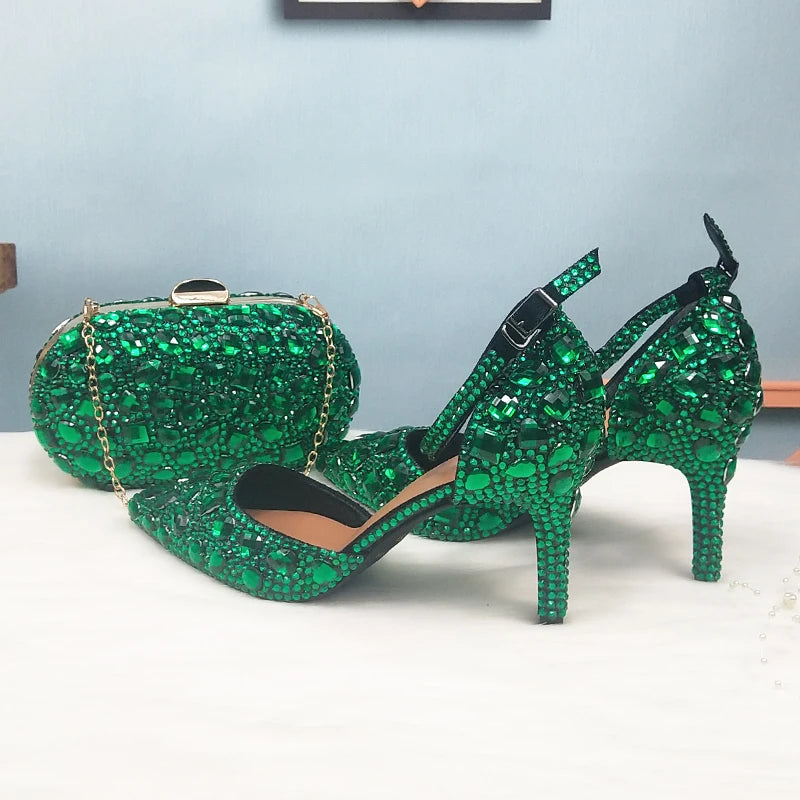 BaoYaFang 2022 NEW ARRIVE Green Crystal Wedding Shoes Woman Thin Heel Pointed Toe Bridal Party Dress Shoe Big Size High Pumps