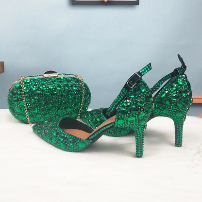 BaoYaFang 2022 NEW ARRIVE Green Crystal Wedding Shoes Woman Thin Heel Pointed Toe Bridal Party Dress Shoe Big Size High Pumps