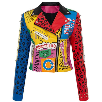 3xl women and men rivet beading pu leather jacket hit color streetstyle Graffiti outerwear letters printed leather jackets