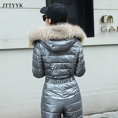 One Piece Ski Suit Women Jackets Winter Hooded Parka Jumpsuit Women Cotton Bodysuit Sashes Jumpsuits Zipper Overalls Tracksuits