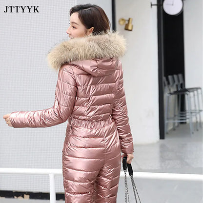 One Piece Ski Suit Women Jackets Winter Hooded Parka Jumpsuit Women Cotton Bodysuit Sashes Jumpsuits Zipper Overalls Tracksuits