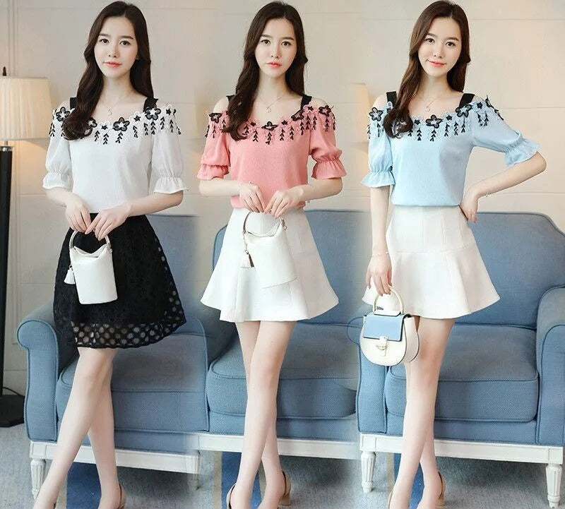 Women Summer Blouses 2024 Short Sleeve Chiffon Women Blouse Shirt Sexy Slash Neck Off Shoulder Top Womens Tops And Blouses B155