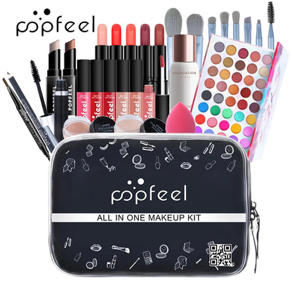 POPFEEL All In One Makeup Kit Cosmetics Set Eyeshadow Palette Concealer Foundation Makeup Brush Eyebrow Pencil Lipgloss Kit