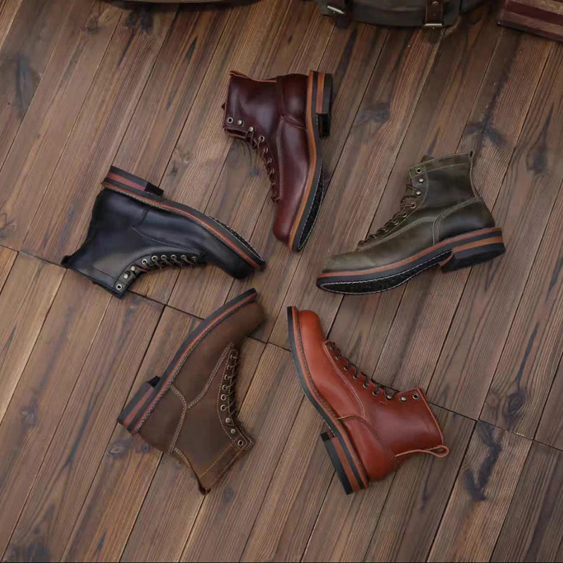 New Handmade Vintage British Casual Men Ankle Boots Autumn Winter Cow Leather Shoes Wedge Tooling Desert Boots Motorcycle Boots