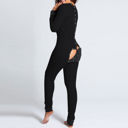 Sexy Pyjama Women's Jumpsuit Suit Button-down Front Back Butt Open Ass Flap Jumpsuit Pajamas Loungewear Buttoned Sleepwear