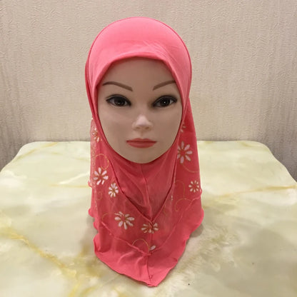 H043 beautiful small girl hijab with flower net cute hijab hats women's caps can fit 2-6 years old girls muslim baby headscarf