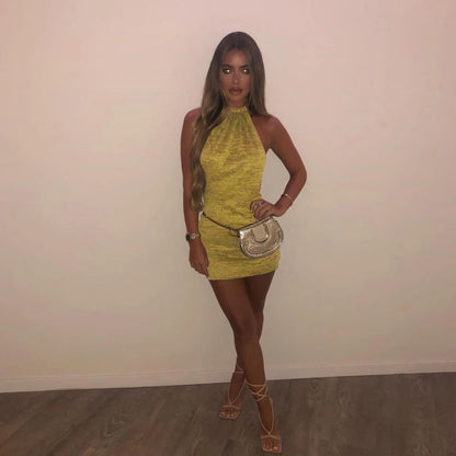 Cryptographic Halter Sexy Backless Mini Dresses Bodycon Skinny Club Party Sleeveless Knitted Dress Fall Streetwear Beach Holiday