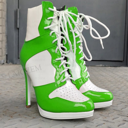 LAIGZEM Women Ankle Boots Round Toe Shiny Thin High Heels Comfortable Lace Up Short Boots Ladies Girls Big Size 41 45 46 47