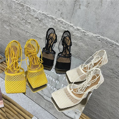 Eilyken Sexy Mesh Pumps Sandals Female Square Toe High Heel Lace Up Cross-Tied Stiletto Hollow Dress Shoes Zapatos Mujer