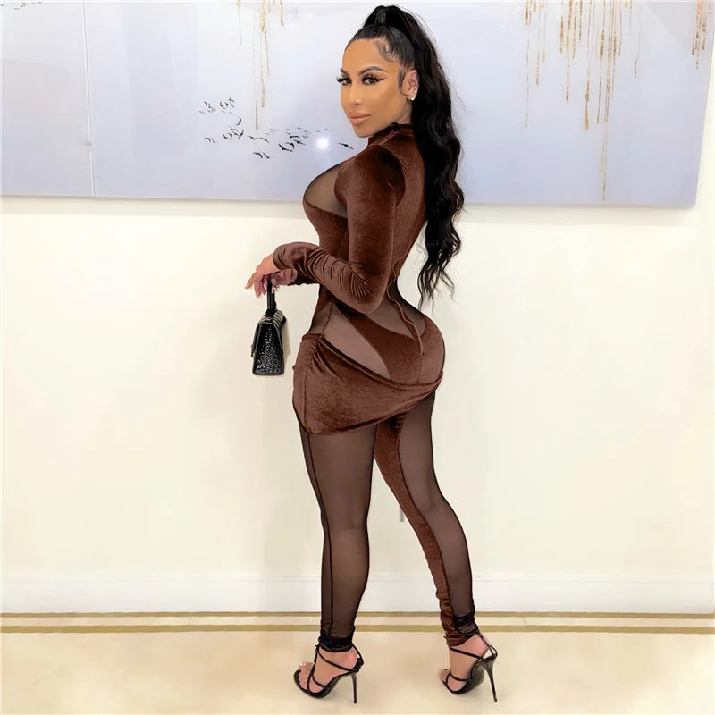 Sexy See-through Mesh Patchwork Velvet Jumpsuit Women Clubwear Long Sleeve Rompers Womens Jumpsuit Bodycon Overalls for Women