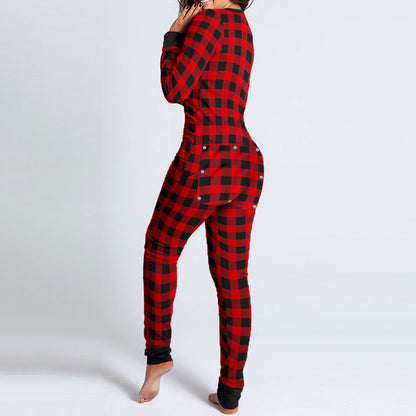 Sexy Women Pajamas Onesies Button-down Front Buttoned Flap Adults Pyjama Plaid Cow Print V-neck Long Sleeve Jumpsuit Sleepwear