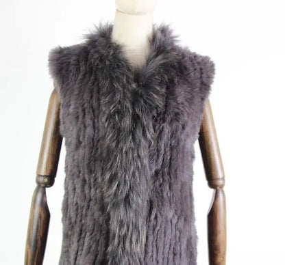 new fashion rabbit fur vest knit rabbit vest 80cm long style for women raccoon fur collar trim fur waistcoat pocket decoration
