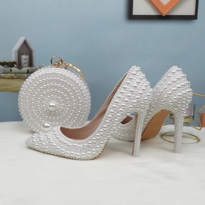 BaoYaFang White Beads Pearl Women Wedding Shoes Bride High Heels Shoes Ladies Super Big Size Party Dress Shoes Woman Pointed Toe