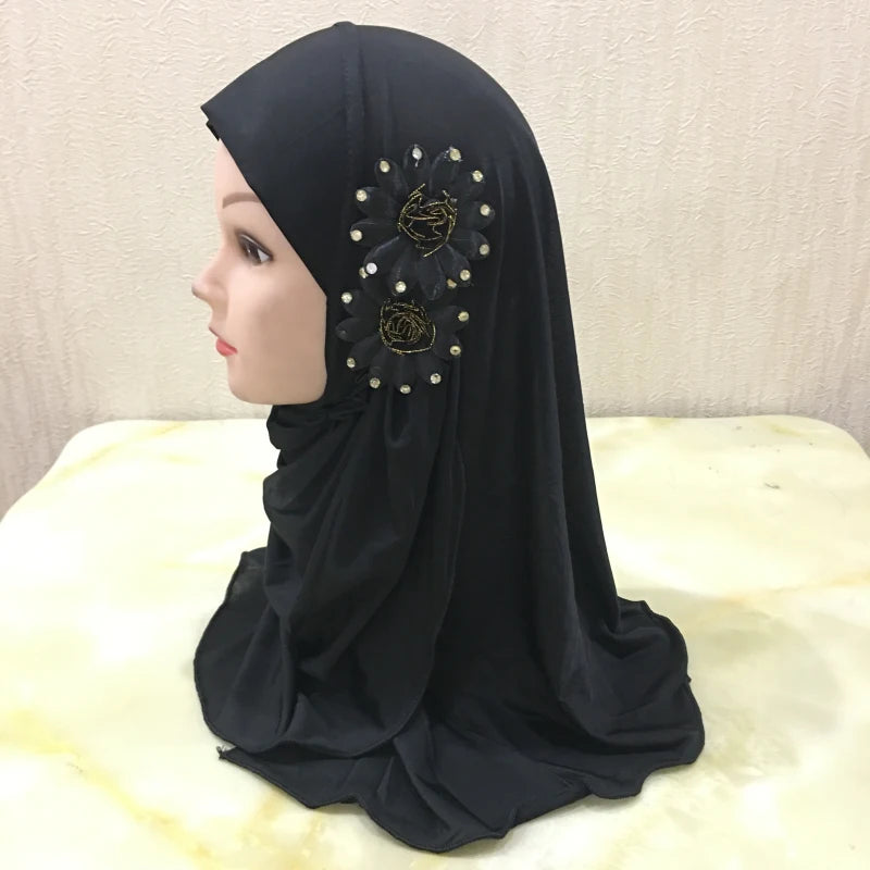 H081 beautiful small girl hijab with flowers cute hijab hats women's caps can fit 2-6 years old girls
