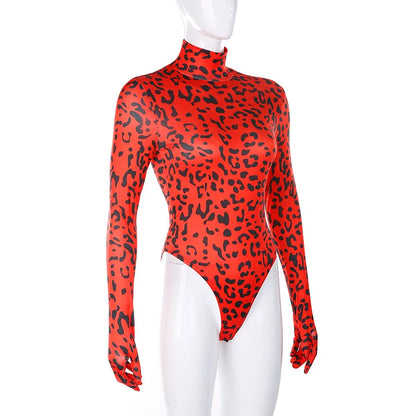 OMSJ Hot Selling Trendy Hipster Turtleneck Rompers For Women Full Sleeve Connection Gloves Leopard Print Streetwear Y2k Body Top