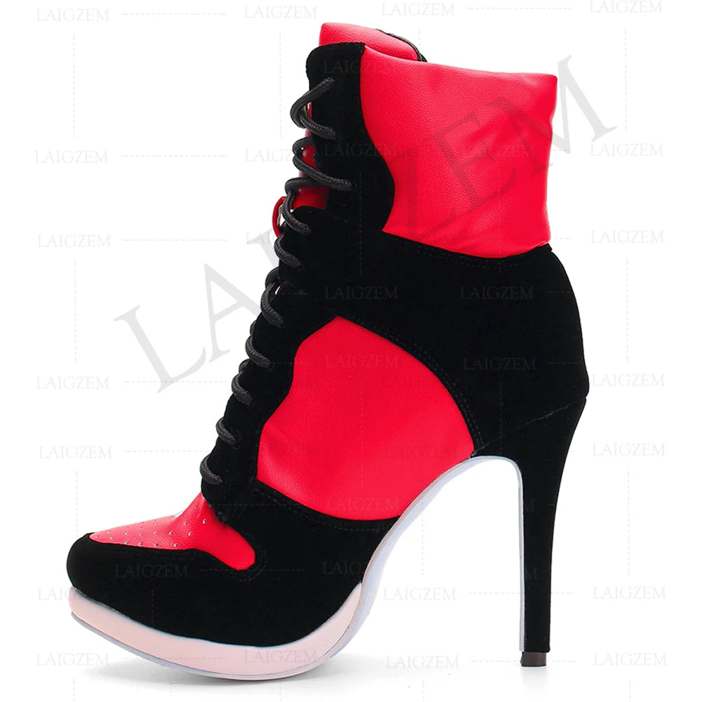 LAIGZEM SUPER Cool Women Ankle Boots Adjustable Lace Up Heel Boots Ladies Shoes Woman Botines Mujer 2020Small Big Size 34-47