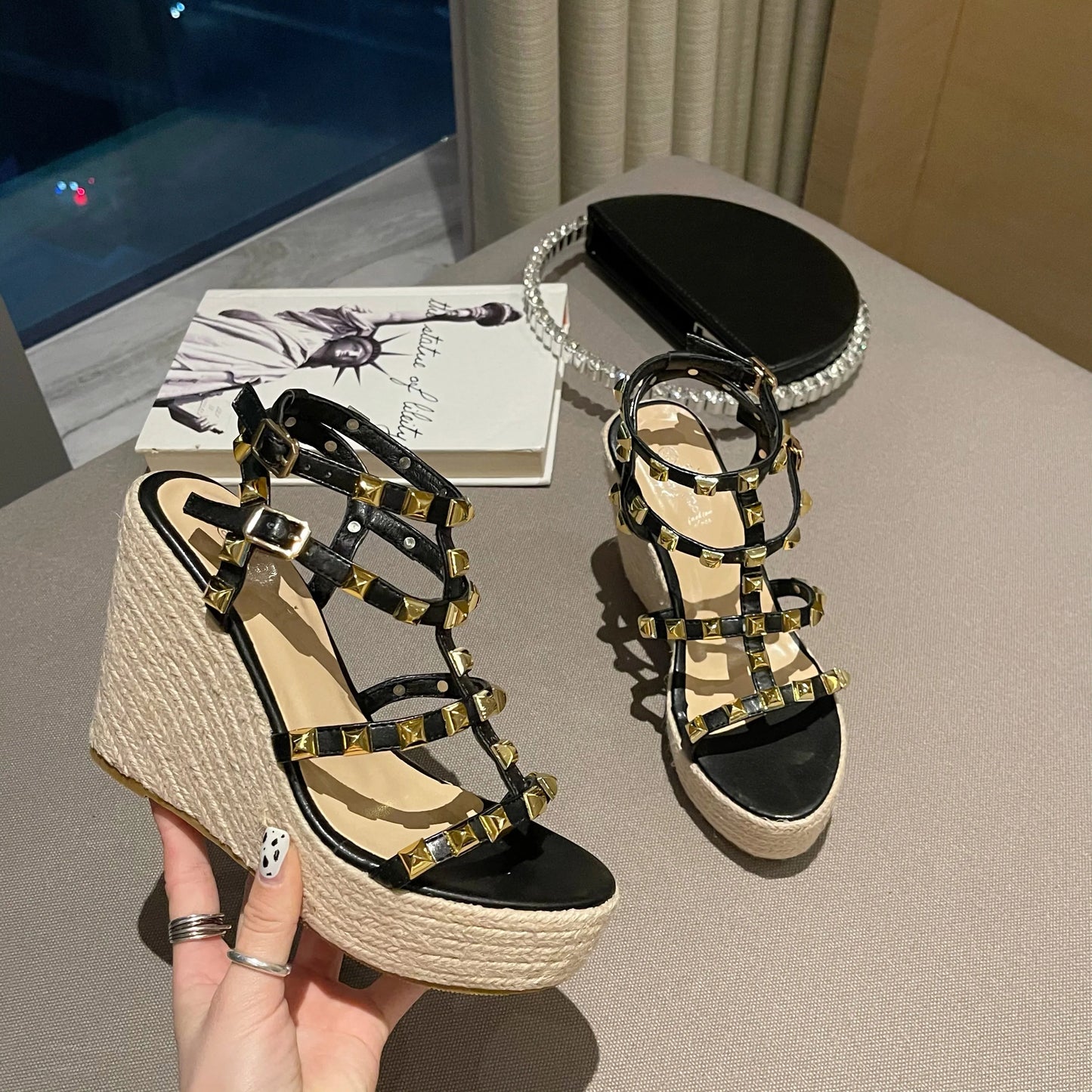 Rivet Wedges Women Sandals Open Toe Ankle Buckle Strap Ladies Platform Wedges Sandals High Heels Roman Rattan Grass Woven Shoes