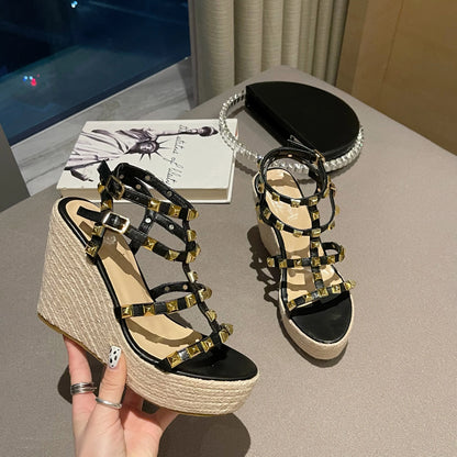 Rivet Wedges Women Sandals Open Toe Ankle Buckle Strap Ladies Platform Wedges Sandals High Heels Roman Rattan Grass Woven Shoes