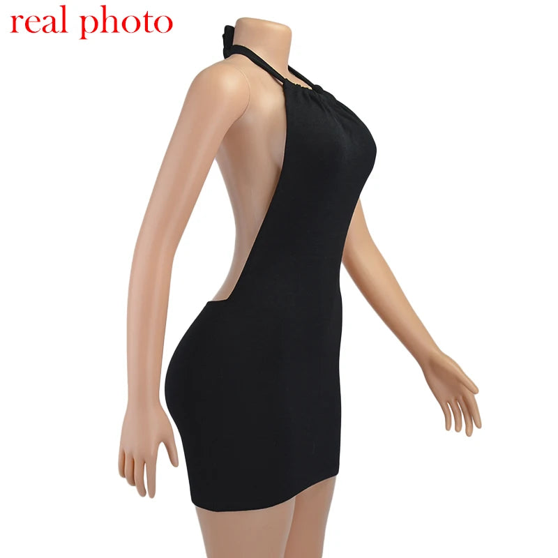Cryptographic Halter Sexy Backless Mini Dresses Bodycon Skinny Club Party Sleeveless Knitted Dress Fall Streetwear Beach Holiday