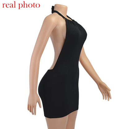 Cryptographic Halter Sexy Backless Mini Dresses Bodycon Skinny Club Party Sleeveless Knitted Dress Fall Streetwear Beach Holiday