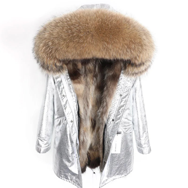 Maomaokong 2026 New Natural Fur Lining Real Fur Coat Winter Jacket Women Raccoon Fur Collar Warm Thick Parkas Female Clothing