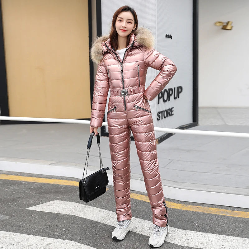 One Piece Ski Suit Women Jackets Winter Hooded Parka Jumpsuit Women Cotton Bodysuit Sashes Jumpsuits Zipper Overalls Tracksuits
