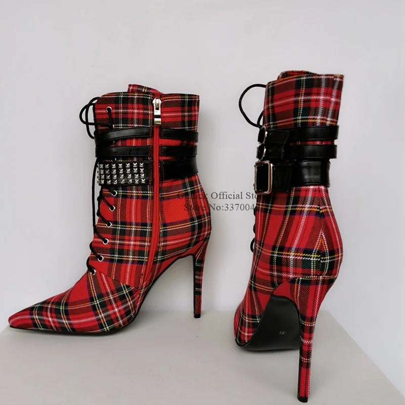 Red Plaid Cloth High Heel Ankle Boots Buckle Strap Studded Rivets Lace-up Short Bootie Pointed Toe Stiletto Heel Dress Shoes