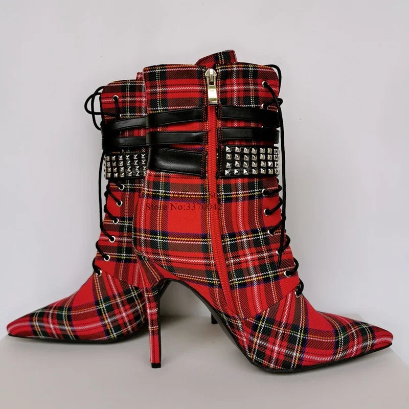 Red Plaid Cloth High Heel Ankle Boots Buckle Strap Studded Rivets Lace-up Short Bootie Pointed Toe Stiletto Heel Dress Shoes