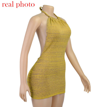 Cryptographic Halter Sexy Backless Mini Dresses Bodycon Skinny Club Party Sleeveless Knitted Dress Fall Streetwear Beach Holiday