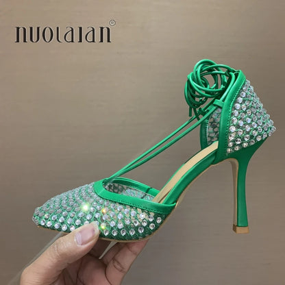 Fashion Green Rhinestone Women Pumps Sandals Female Square Toe high heels Lace Up Cross-tied Stiletto hollow Party Shoes Woman