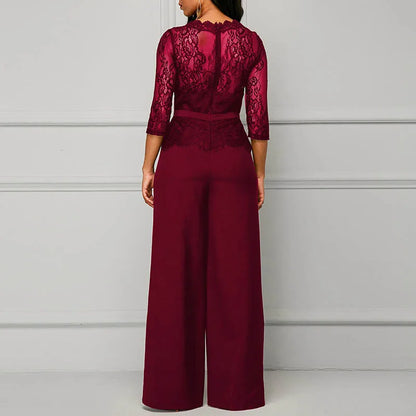 Sexy Lace Hollow Out Jumpsuits Women Spring Autumn Solid O-neck Half Sleeve Party Rompers Elegant Office Lady Wide Leg Overalls