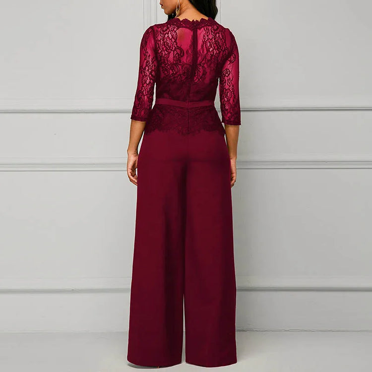 Sexy Lace Hollow Out Jumpsuits Women Spring Autumn Solid O-neck Half Sleeve Party Rompers Elegant Office Lady Wide Leg Overalls