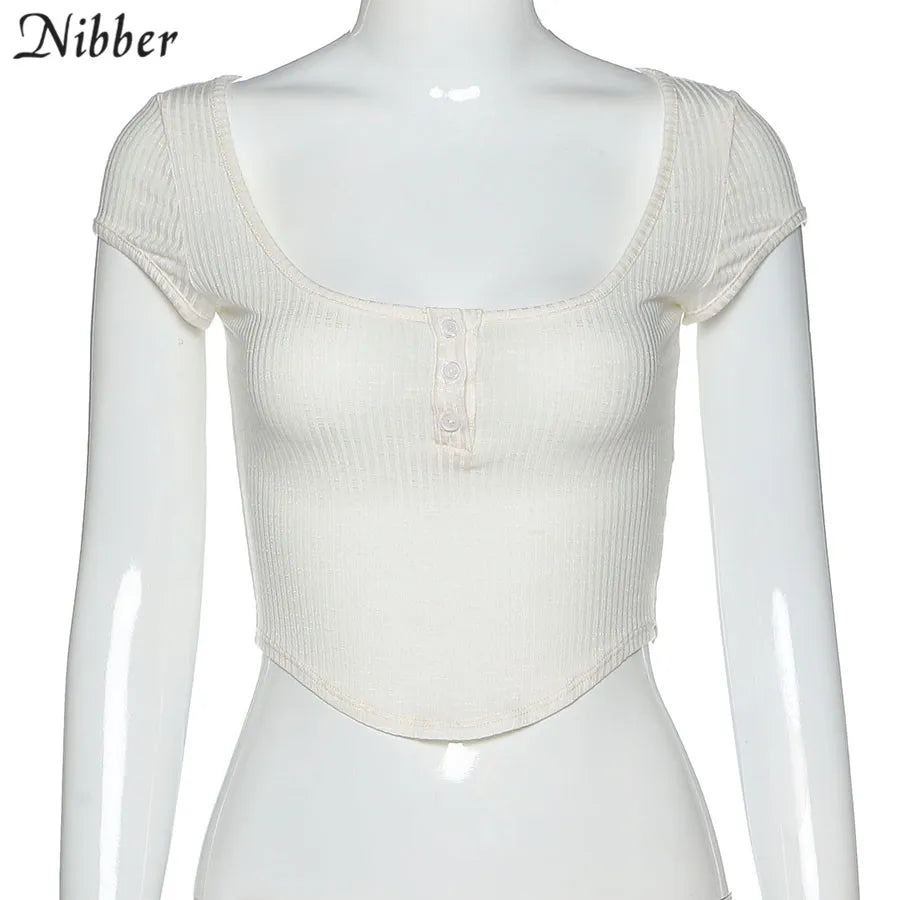 Nibber harajuku simple white slim fit soft woman tshirt croptop summer casual Basic streetwear female pure square collar tee top