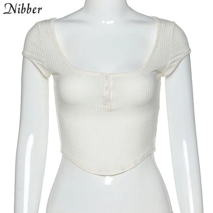 Nibber harajuku simple white slim fit soft woman tshirt croptop summer casual Basic streetwear female pure square collar tee top