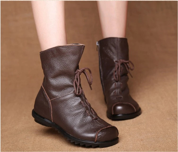 JIANBUDAN/ Genuine Leather Plush Women's Short Boots Retro Casual Autumn Winter Women's Boots Waterproof Leather Warm Snow Boots
