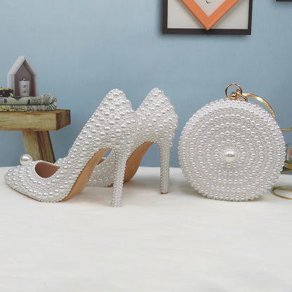 BaoYaFang White Beads Pearl Women Wedding Shoes Bride High Heels Shoes Ladies Super Big Size Party Dress Shoes Woman Pointed Toe