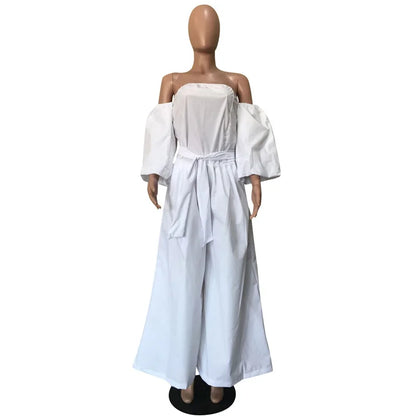 Elegant Off Shoulder Wide Leg Jumpsuit for Women Loose Palazzo Pants Puff Sleeve Birthday Night Party Rompers Womens Jumpsuits
