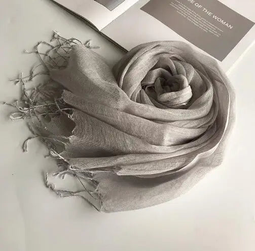 55*180cm Fashion Soft Solid Women 100% Linen Flax Tassel Scarf Summer Travel Sunscreen Long Shawl Elegant Hijab Women Foulard