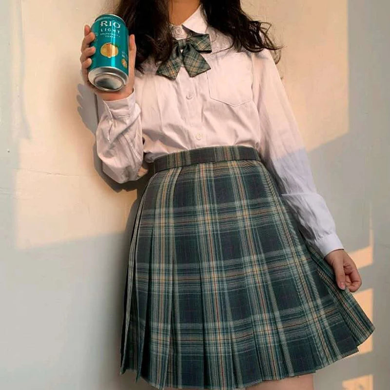 School Girl Uniform Pleated Skirts Japanese School Uniform High Waist A-Line Plaid Skirt Sexy JK Uniforms for Woman Full set
