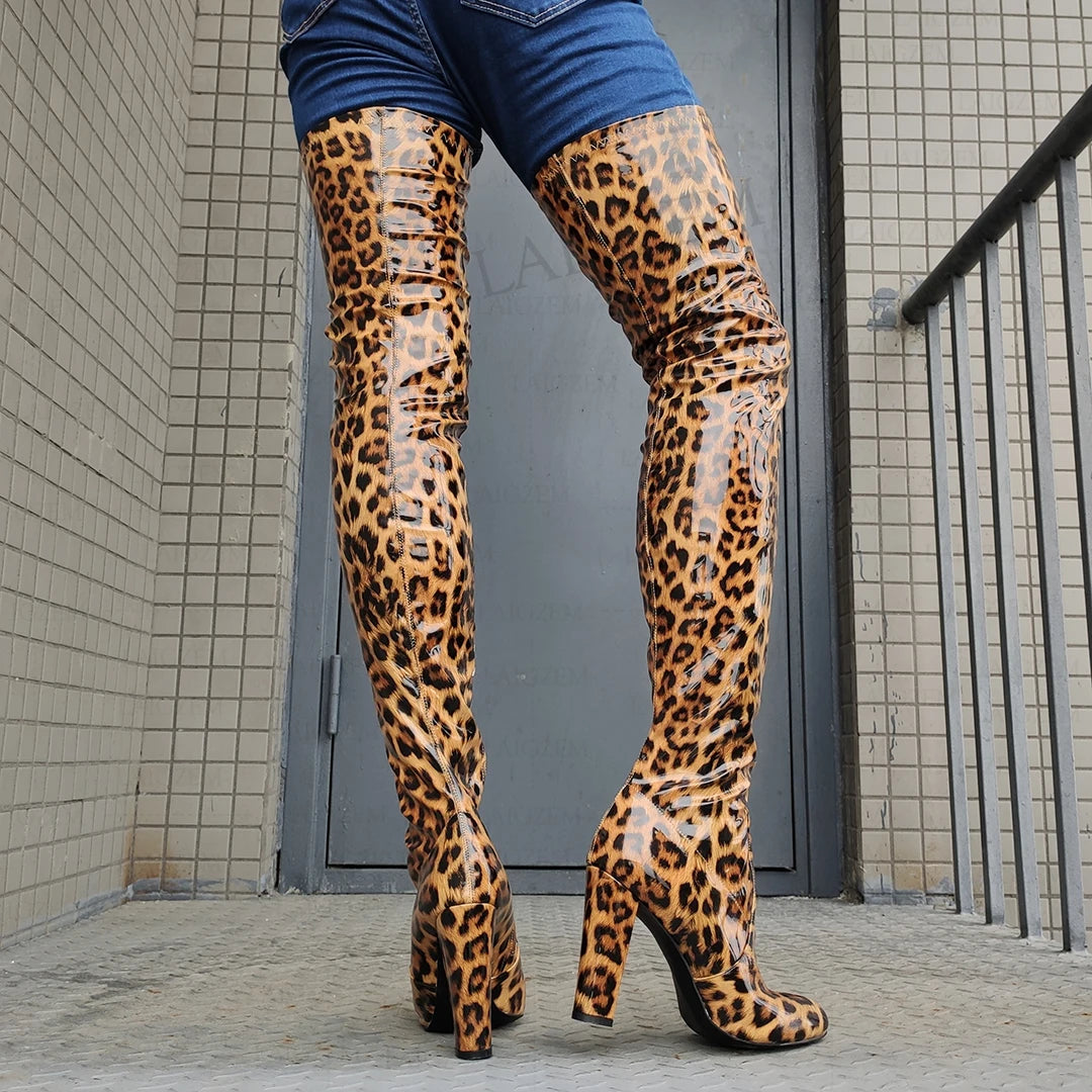 LAIGZEM Women Over High Boots Zip Up Shiny Thick Heels Boots High Bota Mujer Party Ladies Shoes Woman Big Size 40 42 44 47 52