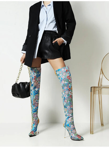 Western Embroidery Style Pointed Toe Over-The-Knee Women's Boots Ethnic Style Patterned Ultra-High Crystal Stiletto Long Boots