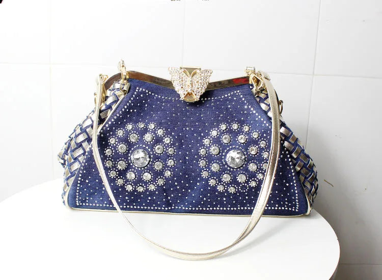 Denim Rhinestones Women Handbag Clutch Bag For Evening Party Chic Butterfly Decoration Ladies Denim  Shoulder Bag