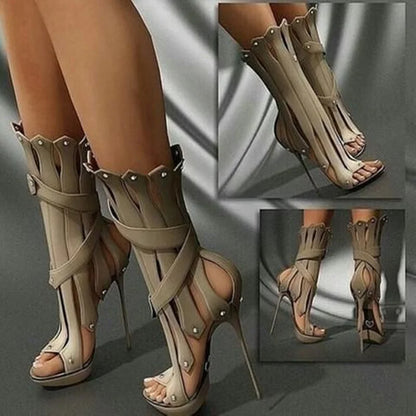 Sexy Vertical Shape Stiletto Heel Ankle Boots Peep Toe Metal Heels Studded Strappy Sandals Red White Black Runway Boot Shoes