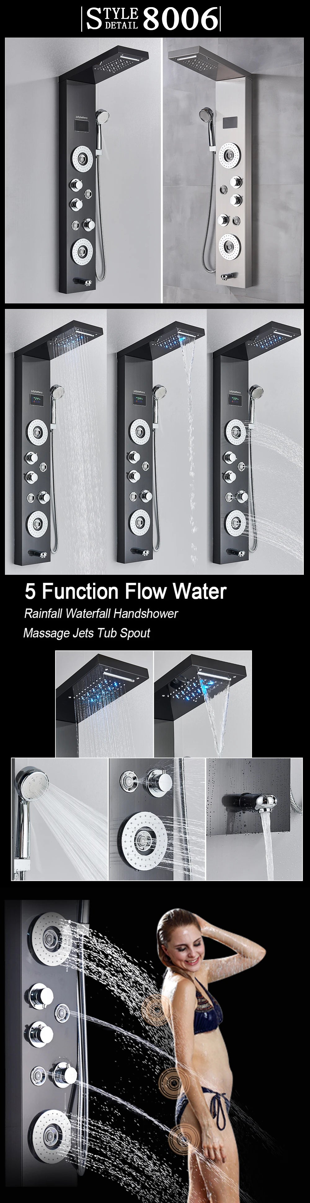 LED Light Shower Panel Waterfall Rain Digital Display Shower Faucet Set SPA Massage Jet Bathroom Column Mixer Tap Tower System