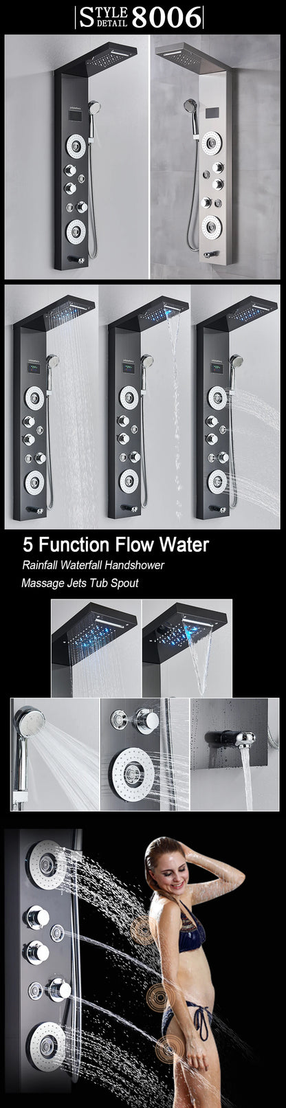 LED Light Shower Panel Waterfall Rain Digital Display Shower Faucet Set SPA Massage Jet Bathroom Column Mixer Tap Tower System