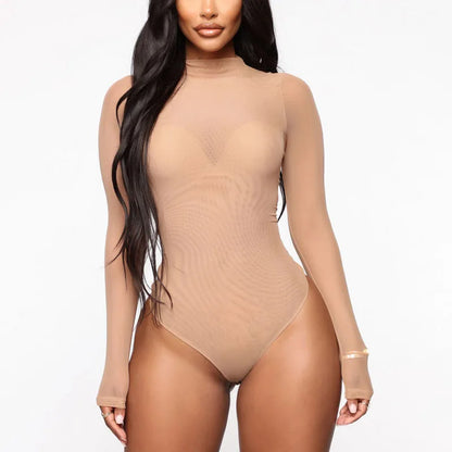Sexy Women Sheer Transparent Bodysuit Summer Solid Color Long Sleeve Jumpsuits Bodysuits Female Clothing