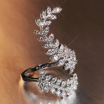 Huitan Graceful Leaves Both End of Open Ring Silver Color Cocktail Party Rings Shine Crystal Zircon Fashion Women Jewelry
